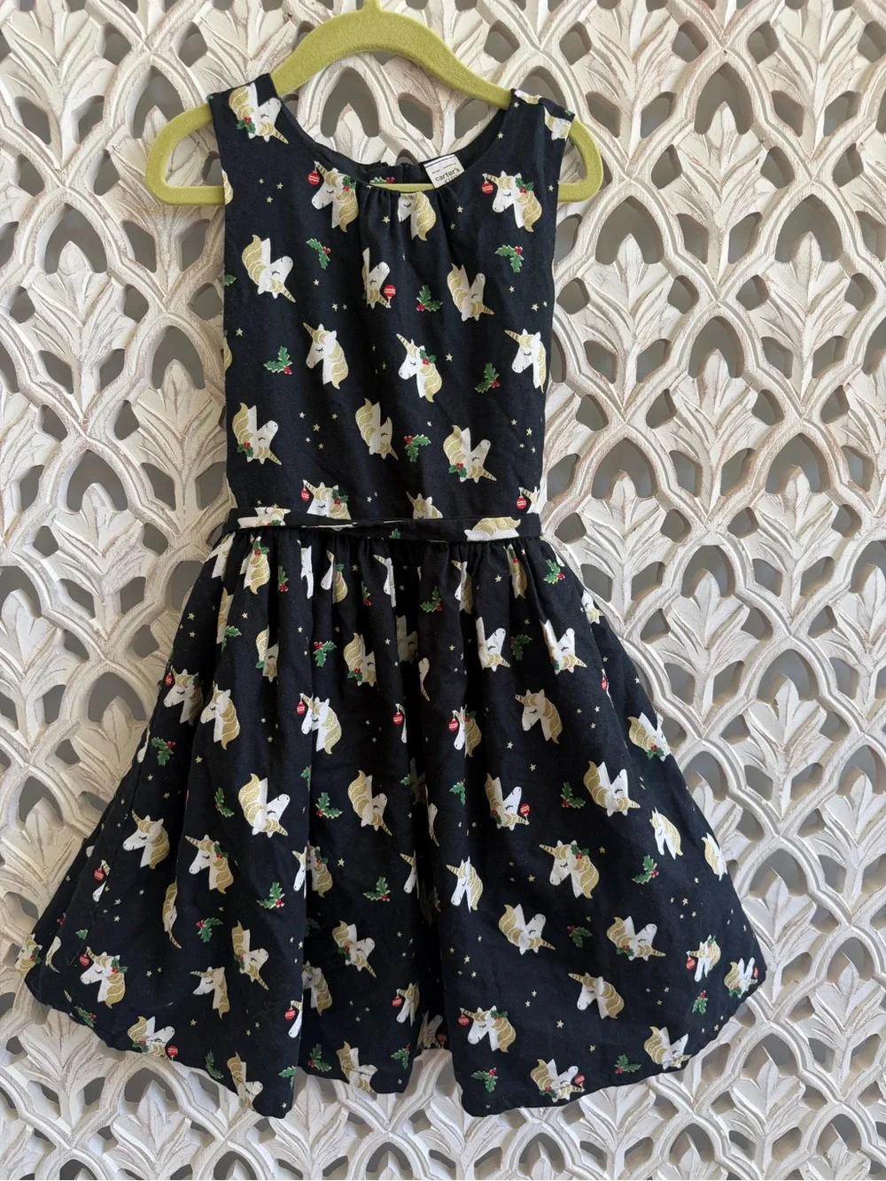 Carter’s Girls Christmas Unicorn Dress Size 7 Black Gold Holiday